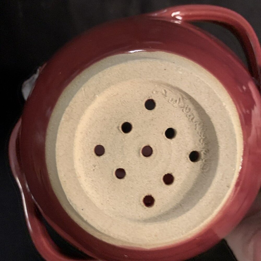 2 PC Handmade Maroon Stoneware Colander Leaf Handles Under Dish Janet Donnangelo - Picture 7 of 16